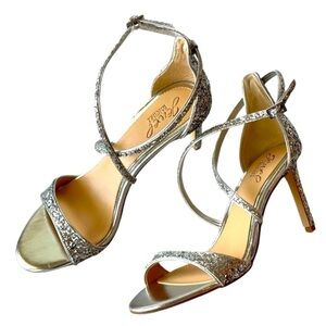 Jewel Badgley Mischka Sandals Heels Silver Strappy Rhinestone Wedding Bridal, 8